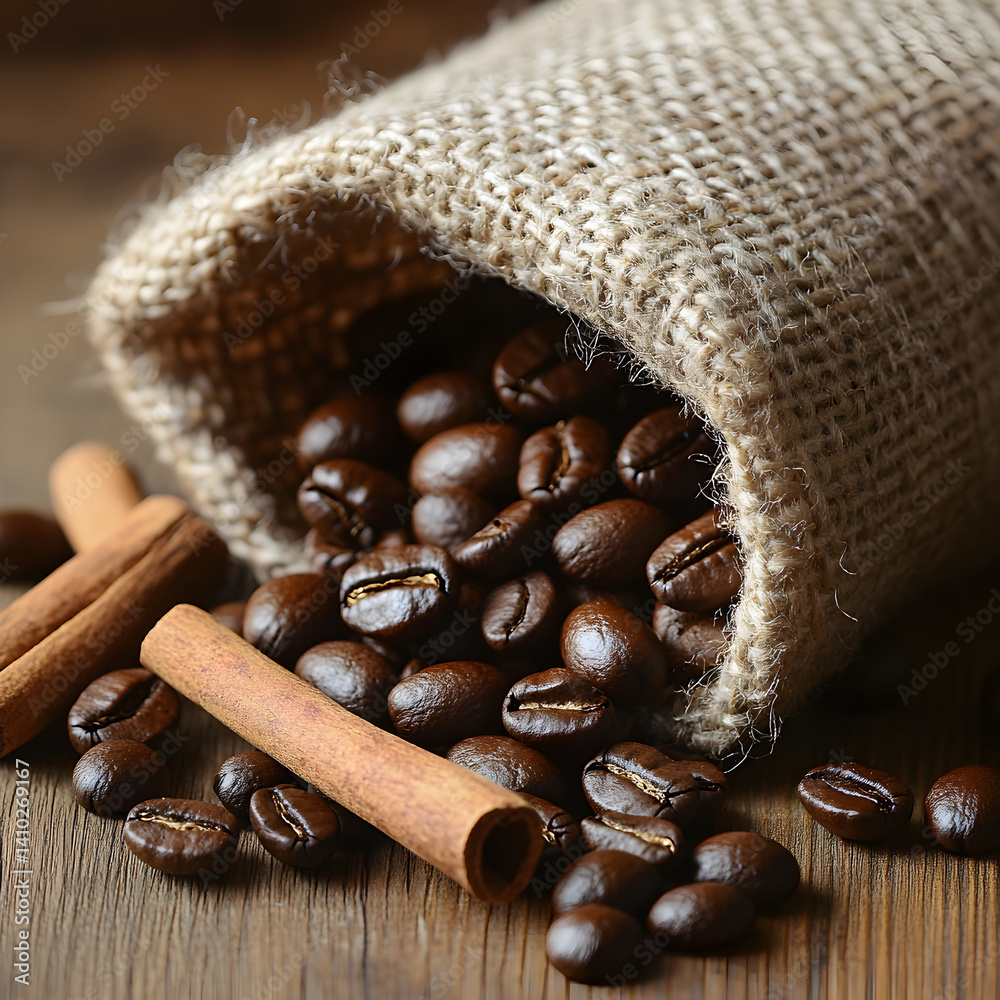 Roasted coffee beans spilling from burlap sack with cinnamon sticks