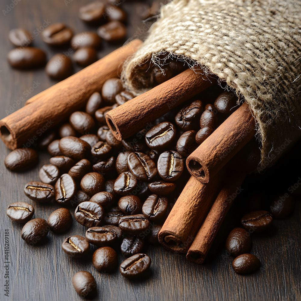 Cinnamon sticks falling from burlap sack onto coffee beans