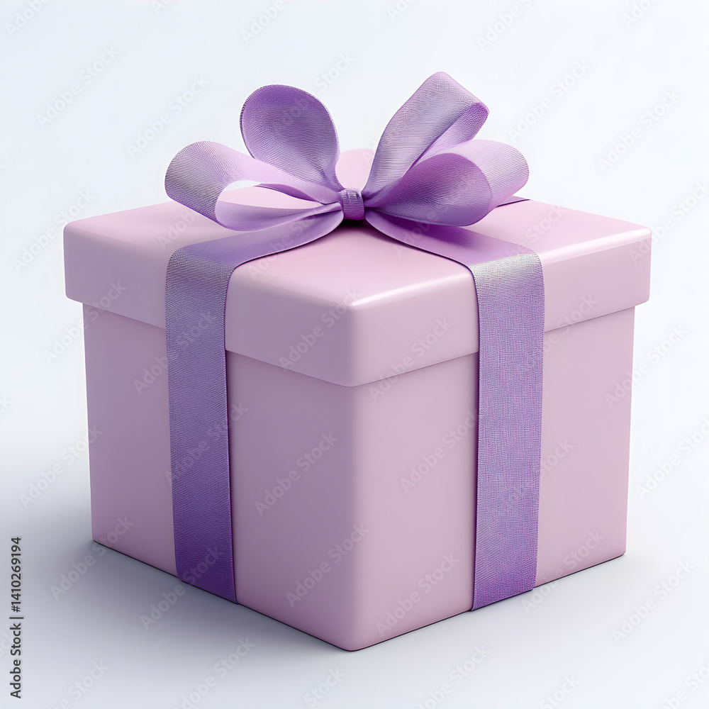 Purple gift box wrapped with matching ribbon and bow on white background