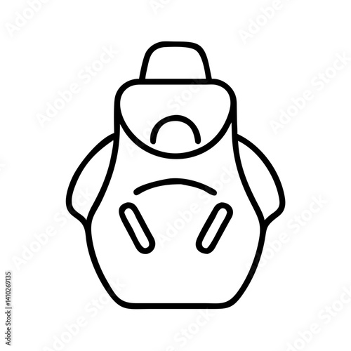 black outline icon of ergonomic baby carrier with shoulder straps and head support, simple vector style, isolated on white background