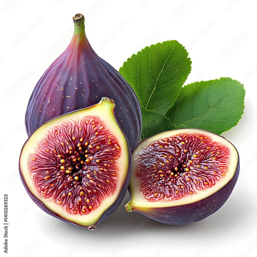 Fresh figs showing ripe red interior and green leaves on white background