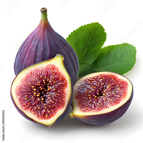 Obraz na płótnie Fresh figs showing ripe red interior and green leaves on white background w salonie