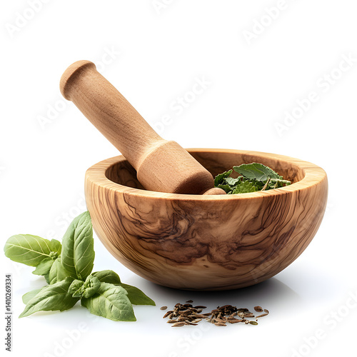 Wooden mortar and pestle grinding fresh herbs and spices