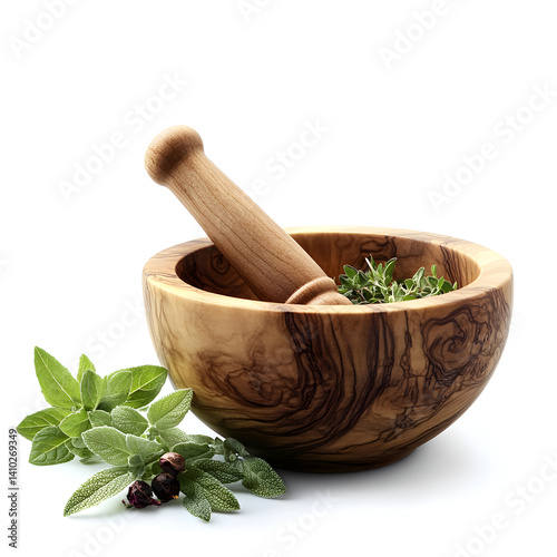 Obraz na płótnie Wooden mortar and pestle crushing herbs for traditional medicine preparation w salonie