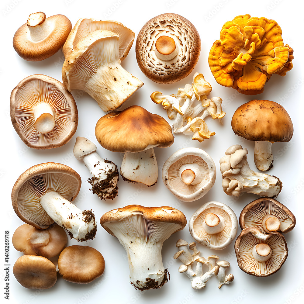 Variety of edible mushrooms displayed on white background