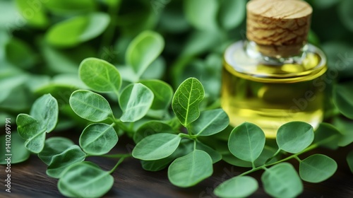 Moringa oil in a glass jar surrounded by fresh moringa leaves