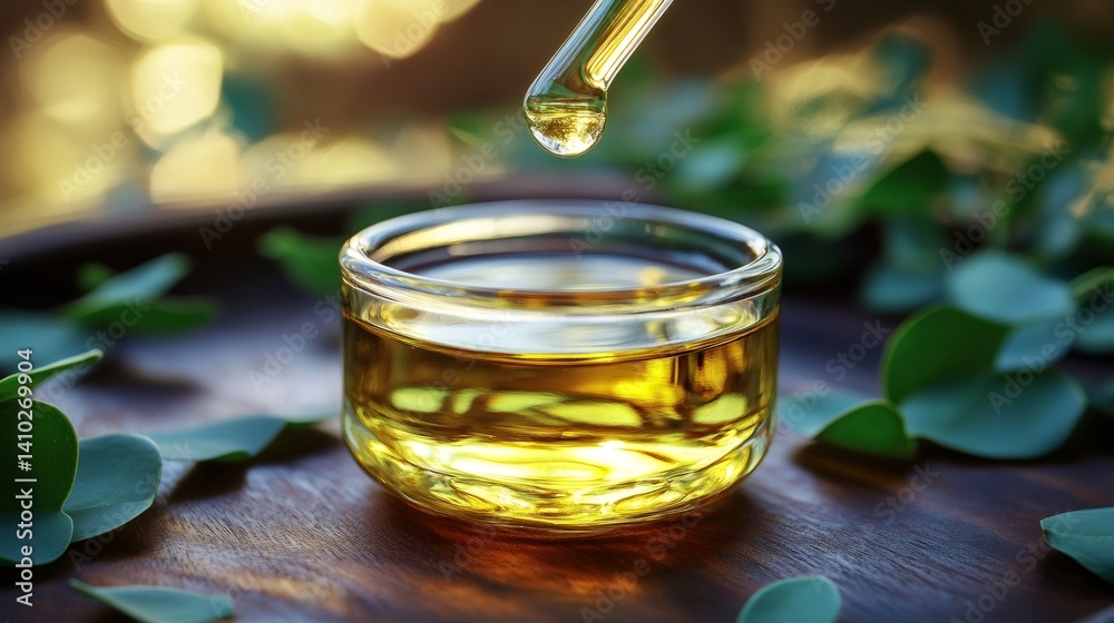 Dropper pouring essential oil into a small glass bowl with eucalyptus leaves