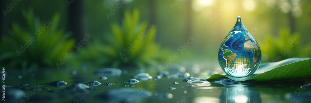 Fototapeta premium Water drop on leaf showcasing the Earth inside against serene background with copy space
