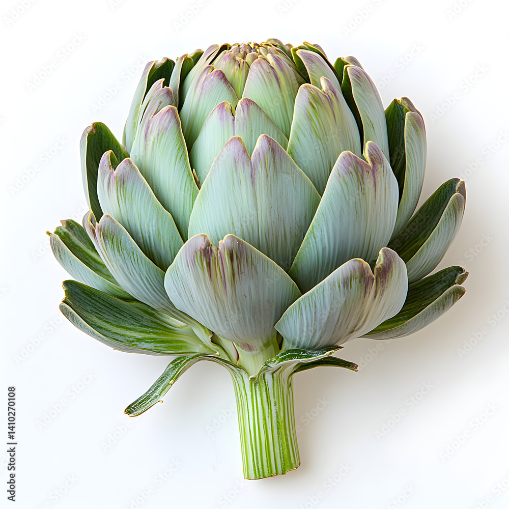 Fresh artichoke showing green and purple hues on white background