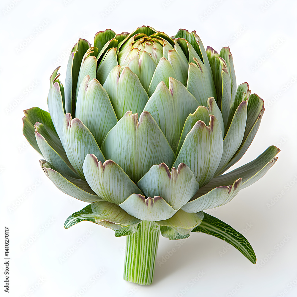 Fresh artichoke showing its textures and green and violet colors on white background