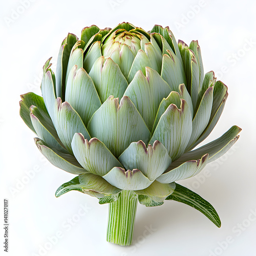 Obraz na płótnie Fresh artichoke showing its textures and green and violet colors on white background w salonie