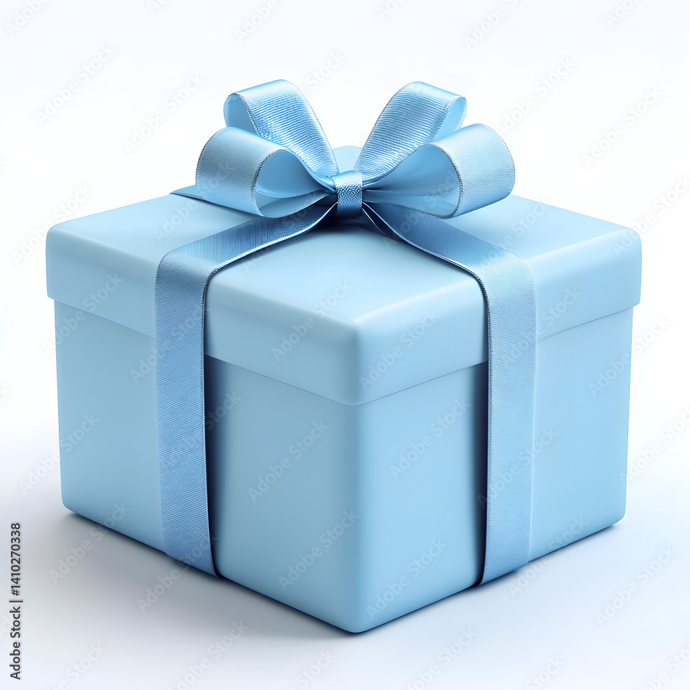 Light blue gift box wrapped with matching satin ribbon bow on white background