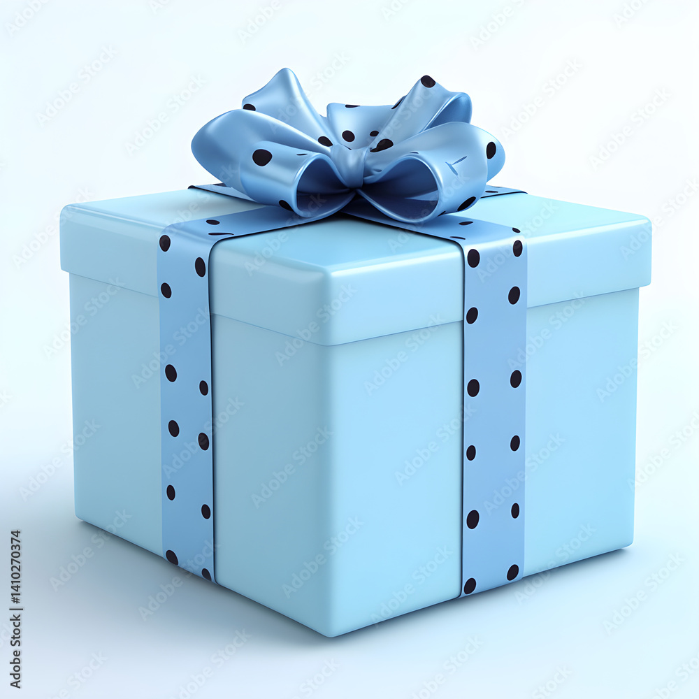 Light blue gift box decorated with polka dot ribbon bow on white background