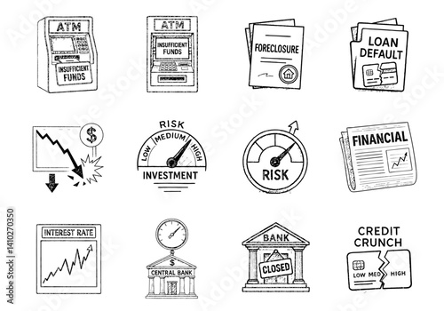 economy recession distribution concept. Financial icons depicting risks and banking issues in a sketch style.