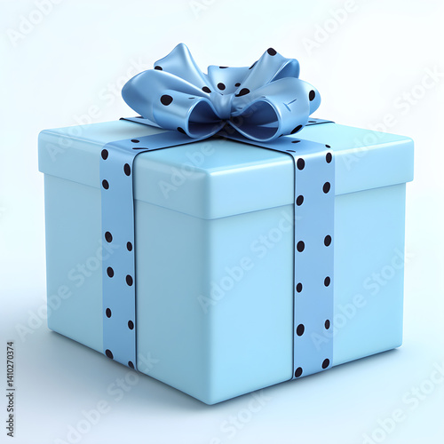 Light blue gift box decorated with polka dot ribbon bow on white background