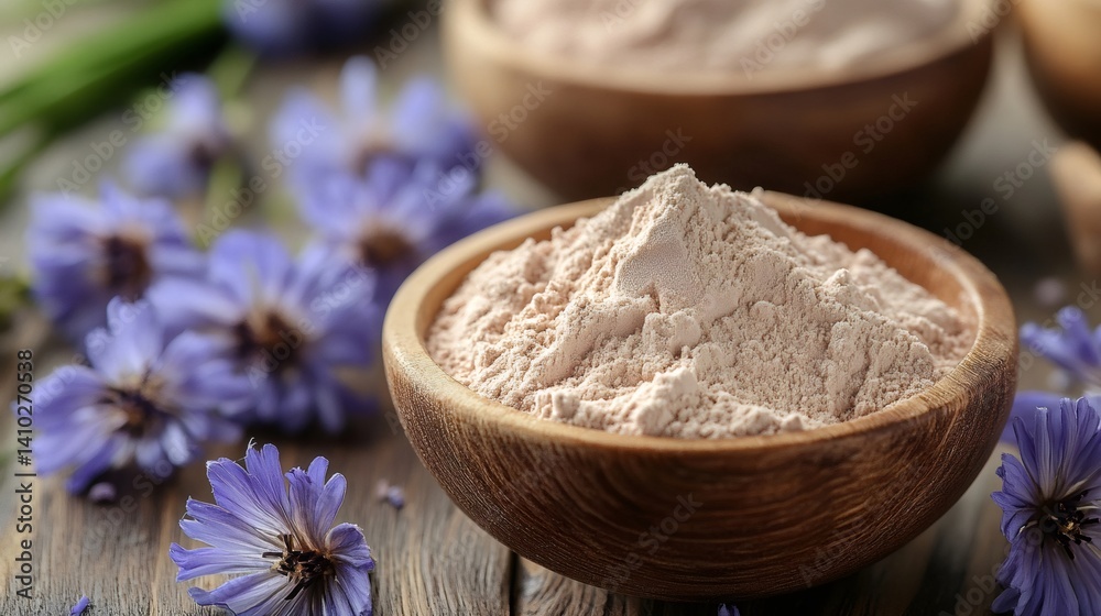 Chicory root fiber powder in wooden bowl with fresh flowers