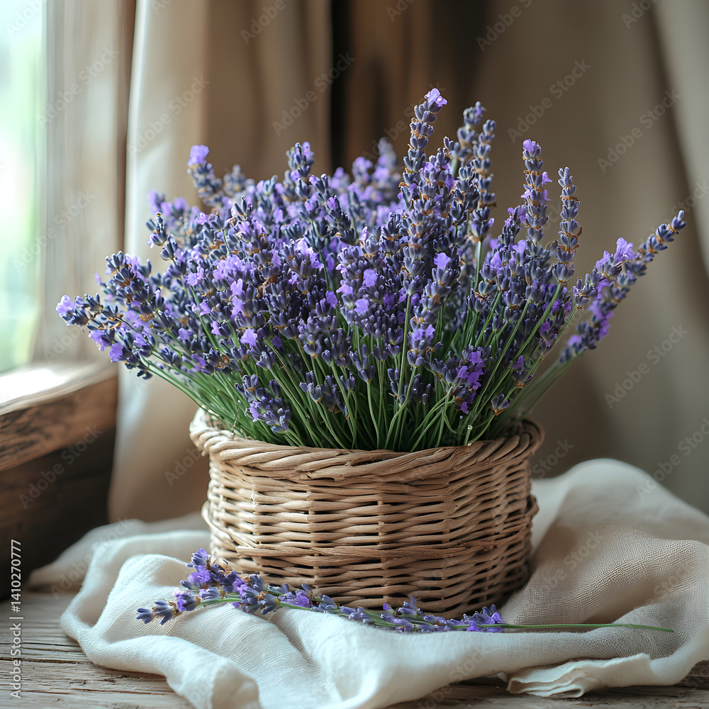 Beautiful lavender bouquet sitting in wicker basket by window