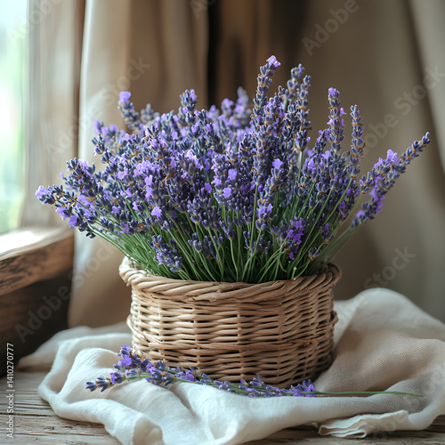 Beautiful lavender bouquet sitting in wicker basket by window