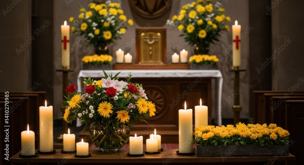Peaceful altar with flowers and candles in a church Peaceful altar with flowers and candles in a church