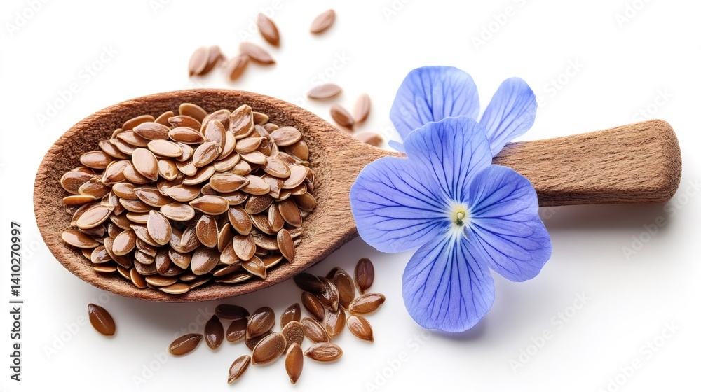 Flax seeds and flower resting on wooden spoon on white background