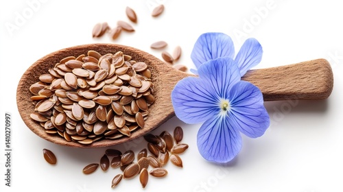 Obraz na płótnie Flax seeds and flower resting on wooden spoon on white background w salonie
