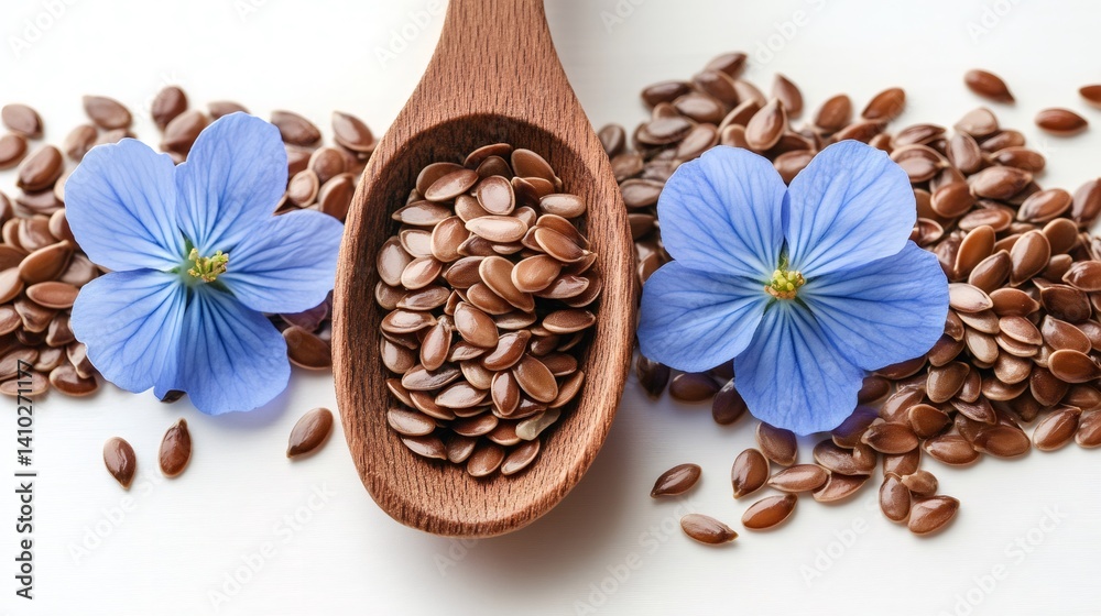Flax seeds and flowers resting on wooden spoon and white background