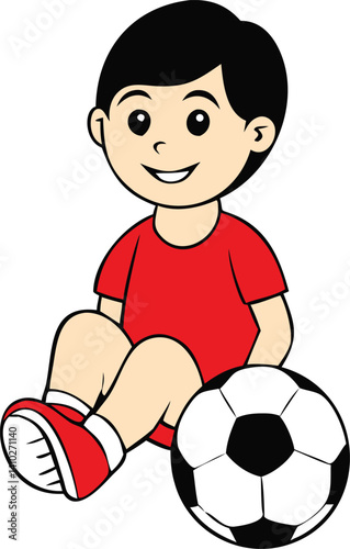 Icon Style Smiling Kid Sitting On Football