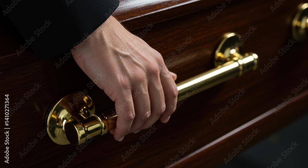 Obraz premium Hand on a gold handle of a wooden casket