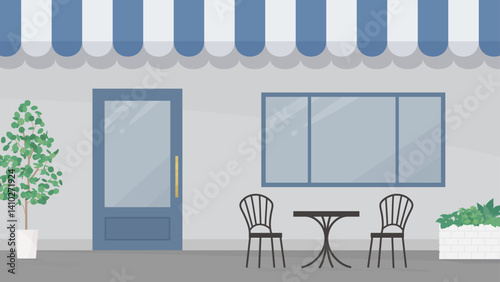 カフェの入り口の背景イラスト_青_16:9
