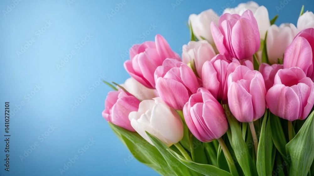 Obraz premium Fresh Pink and White Tulips in a Bright Blue Background for Nature and Spring Celebrations