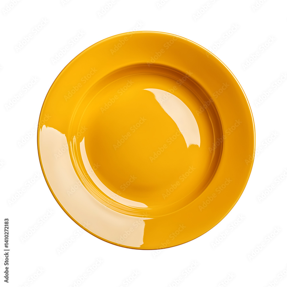 Bright saffron yellow ceramic plate with circular shape and shiny finish displayed from above with clean edges isolated on transparent background without shadow or design