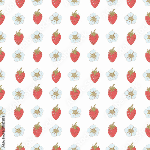 Cute seamless pattern with strawberries and flowers. Hand drawn background for textile, printing, packaging