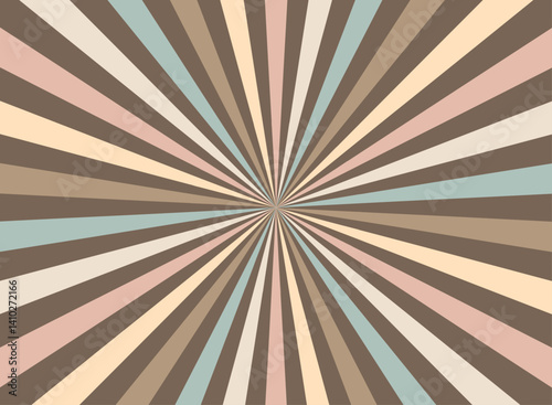 Colorful sunburst background in candy tones with chocolate cream beams. Vibrant, swirling lines perfect for banners, posters, flyers, or sweet-themed designs. Fun vector whirlpool effect.