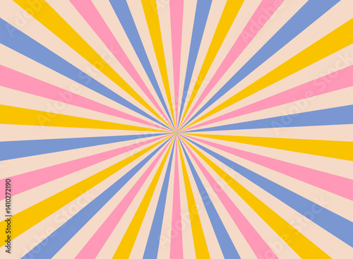 Bright and vibrant retro spiral background with blue, pink, and yellow stripes. Bold sunburst design, perfect for playful party flyers, candy-themed posters, or energetic, fun designs.