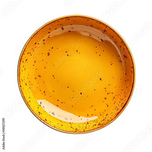Bright saffron yellow ceramic plate with circular shape and shiny finish displayed from above with clean edges isolated on transparent background without shadow or design