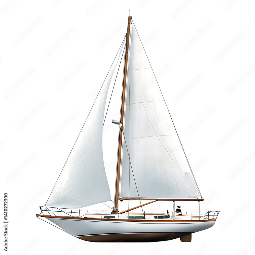 Realistic sailboat with wooden mast and fully extended white sails shown from side view on a clean transparent background without water or surrounding objects