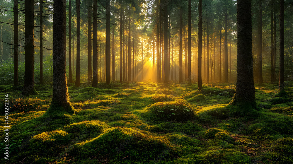 Obraz premium Sunlit Forest Path: Golden Hour Light Through Tall Trees