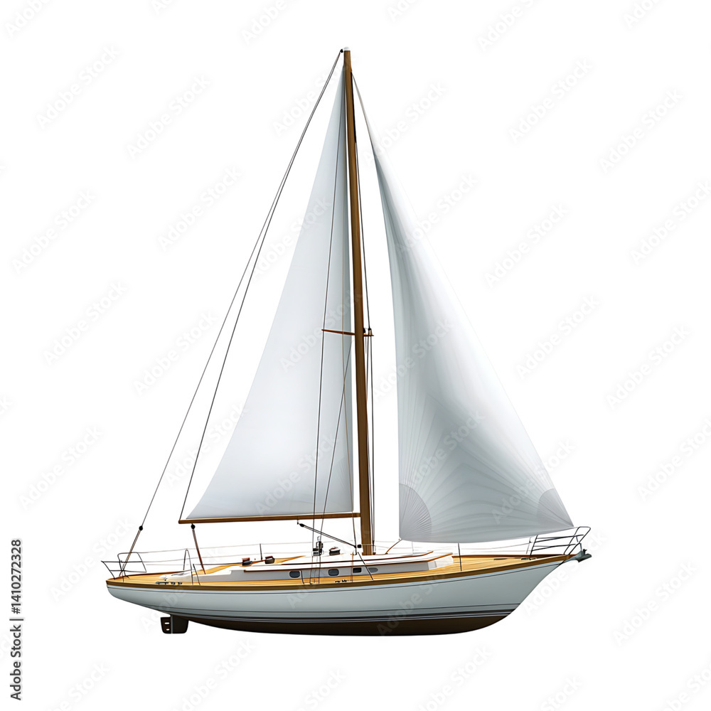 Realistic sailboat with wooden mast and fully extended white sails shown from side view on a clean transparent background without water or surrounding objects