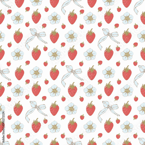 Cute seamless pattern with strawberries, flowers and bow. Hand drawn background for textile, printing, packaging