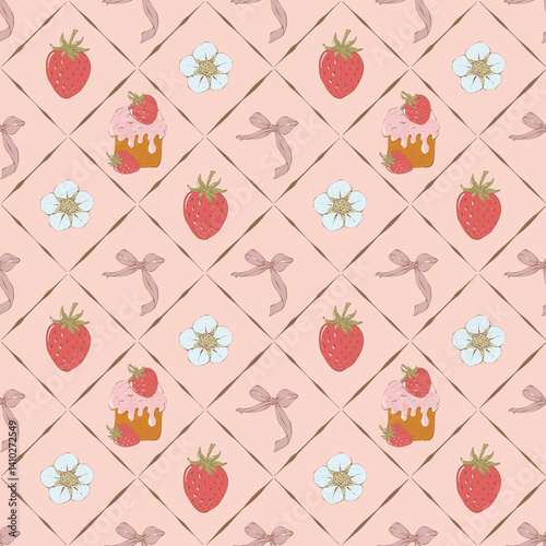 Cute seamless pattern with strawberries, flowers, bow and cake. Hand drawn sweet food background for textile, printing, packaging