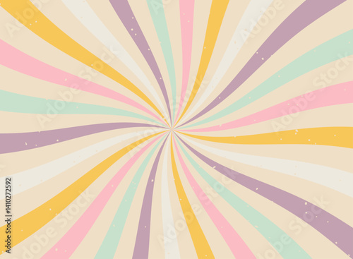 Bright and colorful sunburst background with vibrant candy tones and swirling cream beams. Perfect for posters, flyers, and banners with a fun, energetic, and sweet vector design.