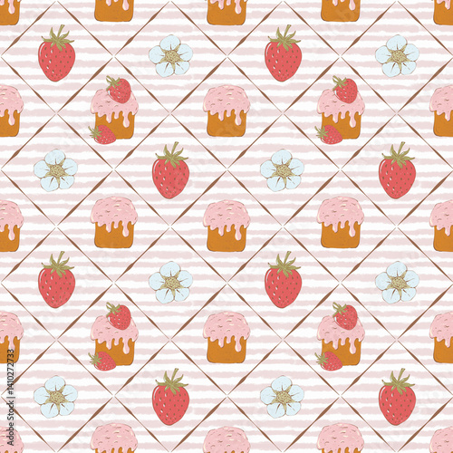 Cute seamless pattern with strawberries, flowers, bow and cake. Hand drawn sweet food background for textile, printing, packaging