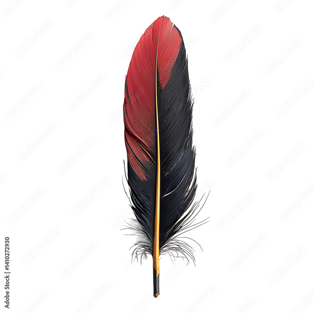 Single brown feather with curved shape soft barbs and detailed striped texture shown isolated on a transparent background with no shadows or background elements