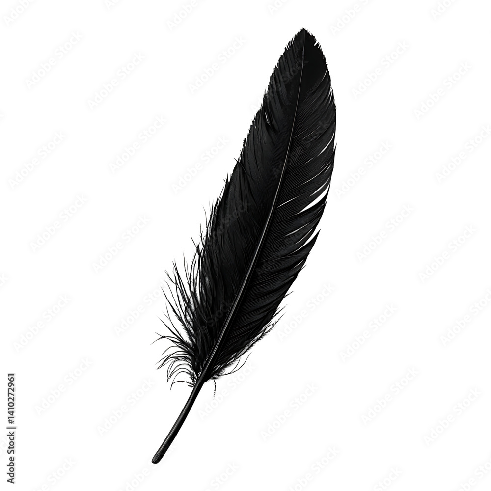 Single brown feather with curved shape soft barbs and detailed striped texture shown isolated on a transparent background with no shadows or background elements