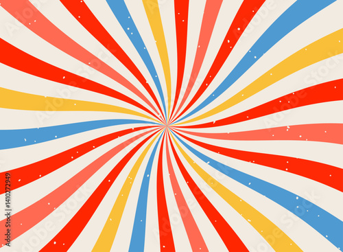 Retro radial sunburst background with vintage red and white spiral rays, grunge texture, perfect for circus, carnival, fair, or chapiteau-themed designs and nostalgic poster layouts