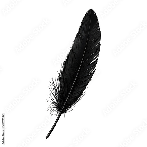 Single brown feather with curved shape soft barbs and detailed striped texture shown isolated on a transparent background with no shadows or background elements