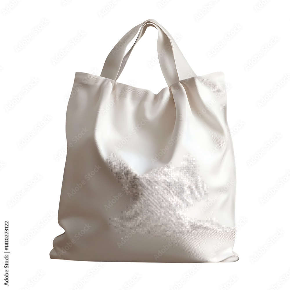 Cream colored reusable fabric pouch with drawstring closure and soft textured material tied securely at the top isolated on a transparent background with no additional shadow