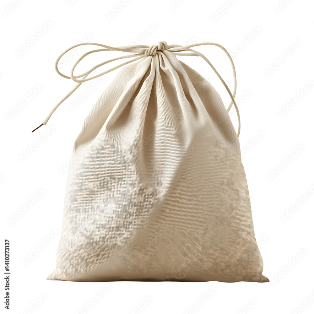 Cream colored reusable fabric pouch with drawstring closure and soft textured material tied securely at the top isolated on a transparent background with no additional shadow
