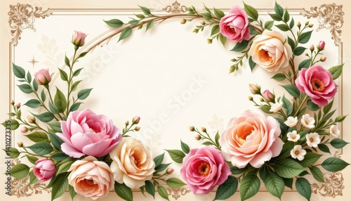 Vintage Floral Invitation: Design a vintage inspired frame filled with delicate roses, peonies, and greenery, perfect for an elegant invitation backdrop.