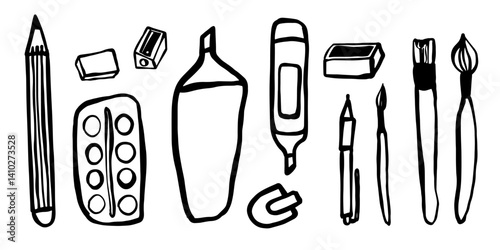 Hand-drawn doodle sketch set of brushes, paint palettes, markers, pencils, sharpeners, and graters. Perfect for art supplies branding, creative design, sketching, and artistic project illustrations.